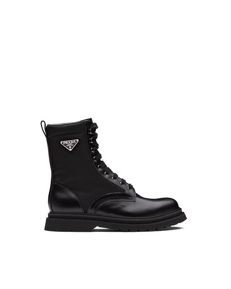 prada asker botu|Black Brushed Leather Combat Boots .